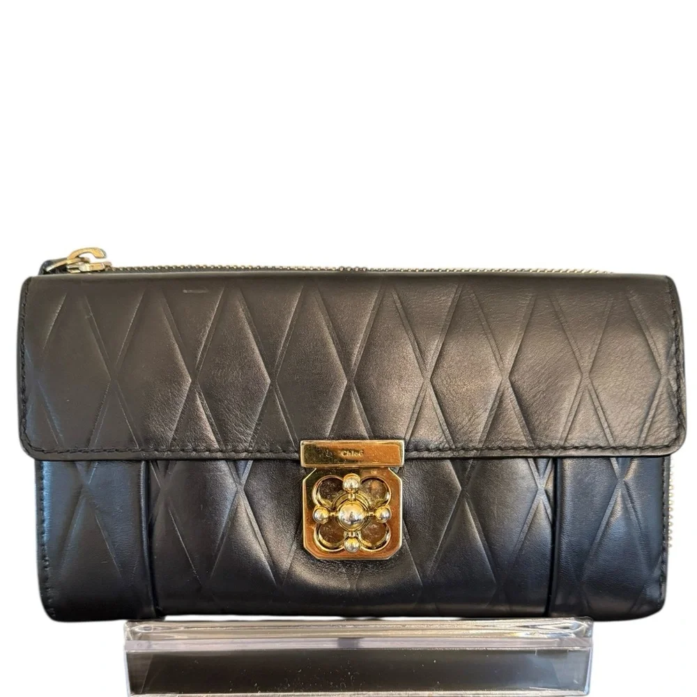 CHLOE Vintage Elise Black Leather Quilted Zip Around Wallet w Unbranded Chain - Picture 3 of 17